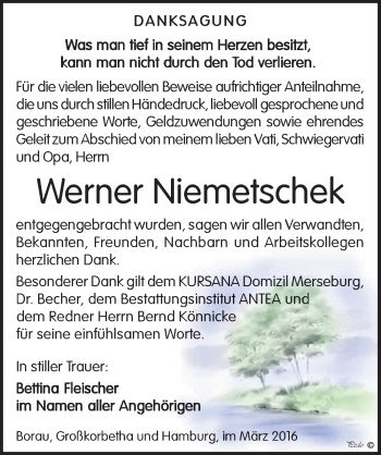 Traueranzeige von Werner Niemetschek von Mitteldeutsche Zeitung Weißenfels