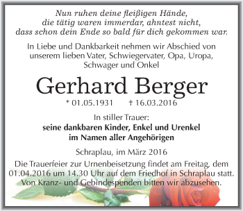 Traueranzeige von Gerhard Berger von Mitteldeutsche Zeitung Merseburg/Querfurt