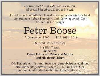 Traueranzeige von Peter Boose von Mitteldeutsche Zeitung Halle/Saalkreis