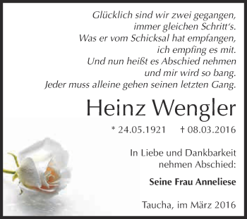 Traueranzeige von Heinz Wengler von WVG - Wochenspiegel NMB / WSF / ZTZ