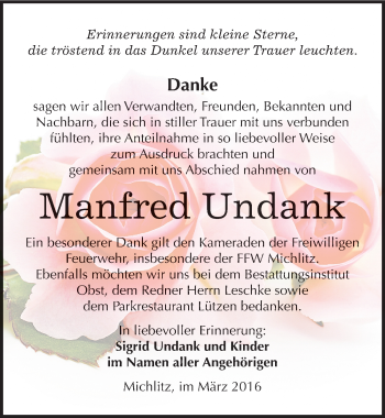 Traueranzeige von Manfred Undank von Mitteldeutsche Zeitung Weißenfels