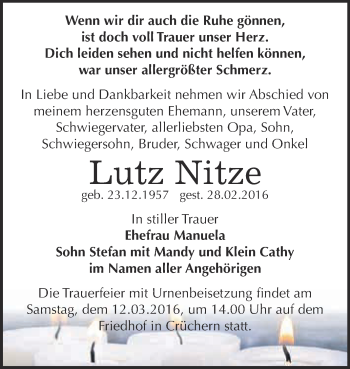 Traueranzeige von Lutz Nitze von Super Sonntag Bernburg