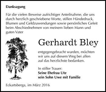 Traueranzeige von Gerhardt Bley von Mitteldeutsche Zeitung Naumburg/Nebra