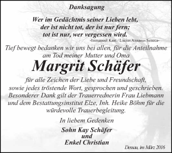 Traueranzeige von Margrit Schäfer von WVG - Wochenspiegel Dessau / Köthen