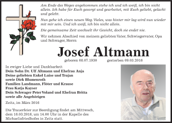 Traueranzeige von Josef Altmann von Mitteldeutsche Zeitung Zeitz