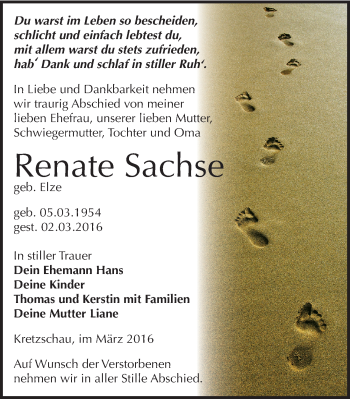 Traueranzeige von Renate Sachse von Mitteldeutsche Zeitung Zeitz