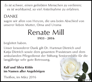 Traueranzeige von Renate Mill von Super Sonntag Zeitz