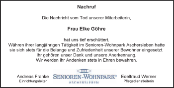 Traueranzeige von Elke Göhre von Super Sonntag Aschersleben