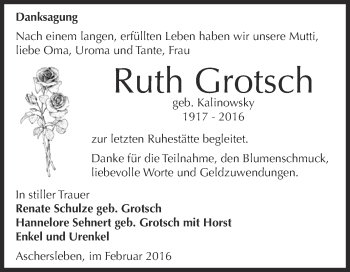 Traueranzeige von Ruth Grotsch von Super Sonntag Aschersleben