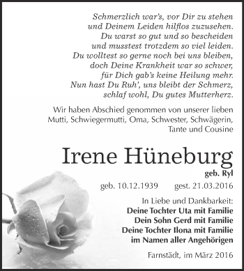 Traueranzeige von Irene Hüneburg von WVG - Wochenspiegel Merseburg