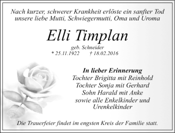 Traueranzeige von Elli Timplan von Mitteldeutsche Zeitung Dessau-Roßlau