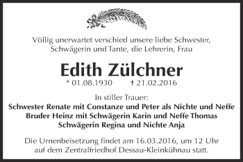 Traueranzeige von Edith Zülchner von WVG - Wochenspiegel Dessau / Köthen