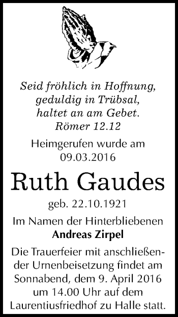 Traueranzeige von Ruth Gaudes von Mitteldeutsche Zeitung Halle/Saalkreis