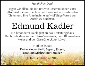 Traueranzeige von Edmund Kadler von WVG - Wochenspiegel NMB / WSF / ZTZ