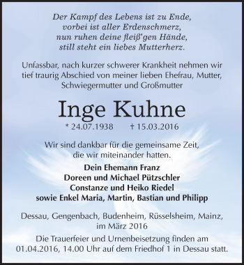 Traueranzeige von Inge Kuhne von Mitteldeutsche Zeitung Dessau-Roßlau