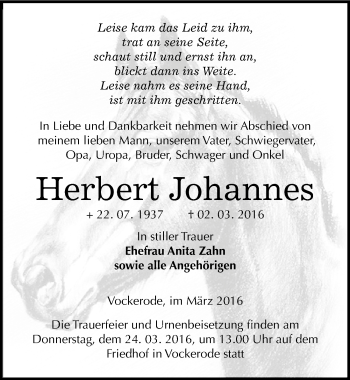 Traueranzeige von Herbert Johannes von Mitteldeutsche Zeitung Wittenberg