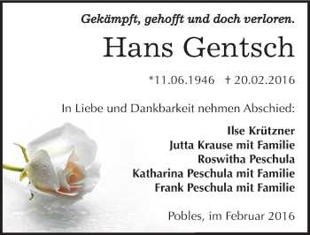 Traueranzeige von Hans Gentsch von Mitteldeutsche Zeitung Weißenfels