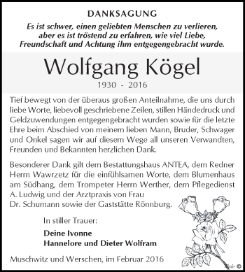 Traueranzeige von Wolfgang Kögel von WVG - Wochenspiegel NMB / WSF / ZTZ