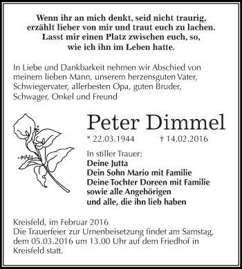 Traueranzeige von Peter Dimmel von Wochenspiegel Mansfelder Land