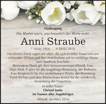 Traueranzeige von Anni Straube von Mitteldeutsche Zeitung Sangerhausen