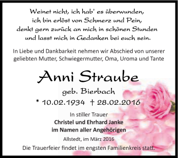 Traueranzeige von Anni Sfrautbe von Super Sonntag SGH Mansf. Land