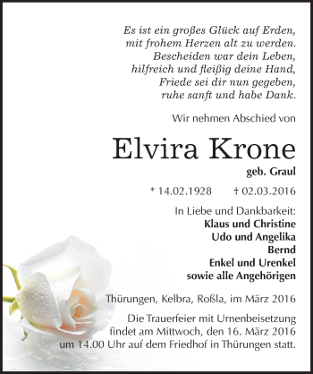 Traueranzeige von Elvira Krone von Mitteldeutsche Zeitung Sangerhausen