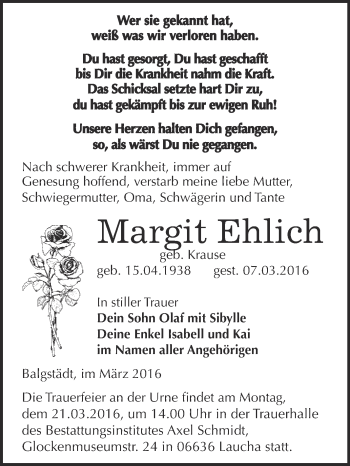 Traueranzeige von Margit Ehlich von WVG - Wochenspiegel NMB / WSF / ZTZ