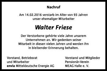 Traueranzeige von Walter Friese von WVG - Wochenspiegel Dessau / Köthen