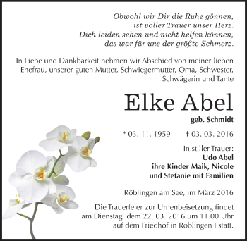 Traueranzeige von Elke Abel von Mitteldeutsche Zeitung Mansfelder Land