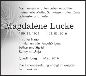 Traueranzeige von Magdalene Lucke von WVG - Wochenspiegel Quedlinburg