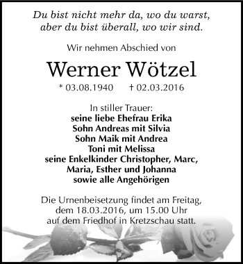 Traueranzeige von Werner Wötzel von Mitteldeutsche Zeitung Zeitz