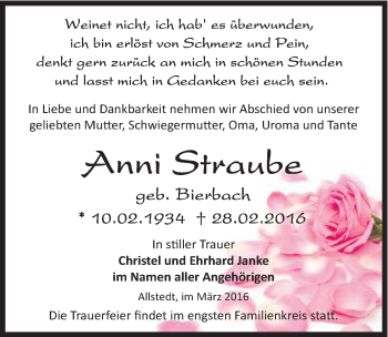 Traueranzeige von Anni Straube von Mitteldeutsche Zeitung Sangerhausen