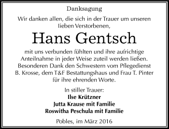 Traueranzeige von Hans Gentsch von Mitteldeutsche Zeitung Weißenfels
