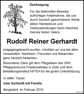 Traueranzeige von Rudolf Reiner Gerhardt von Super Sonntag Zeitz