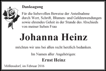 Traueranzeige von Johanna Heinz von WVG - Wochenspiegel Dessau / Köthen