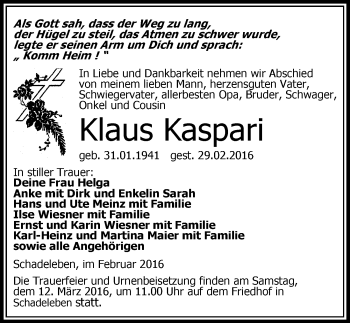 Traueranzeige von Klaus Kaspari von Mitteldeutsche Zeitung Aschersleben
