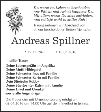 Traueranzeige von Andreas Spillner von WVG - Wochenspiegel Bitterfeld