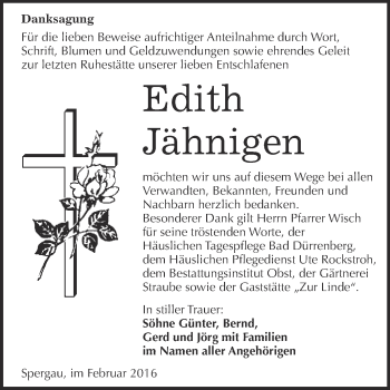 Traueranzeige von Edith Jähnigen von Super Sonntag Merseburg