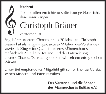 Traueranzeige von Christoph Bräuer von Super Sonntag Dessau / Köthen