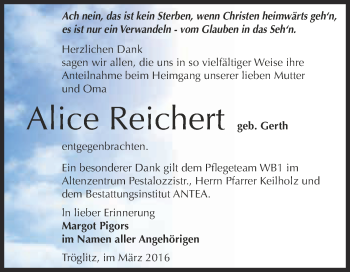 Traueranzeige von Alice Reichert von Super Sonntag Zeitz