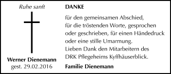 Traueranzeige von Werner Dienemann von Mitteldeutsche Zeitung Sangerhausen