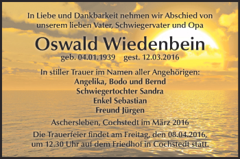 Traueranzeige von Oswald Wiedenbein von Super Sonntag Aschersleben