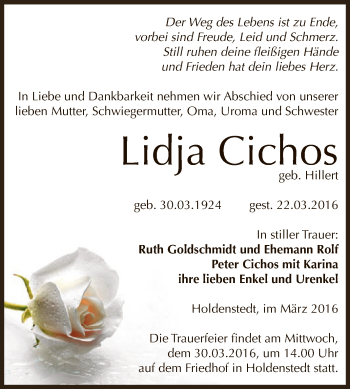Traueranzeige von Lidja Cichos von Super Sonntag SGH Mansf. Land