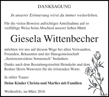 Traueranzeige von Giesela Wittenbecher von WVG - Wochenspiegel NMB / WSF / ZTZ