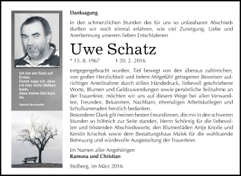 Traueranzeige von Uwe Schatz von Super Sonntag SGH Mansf. Land
