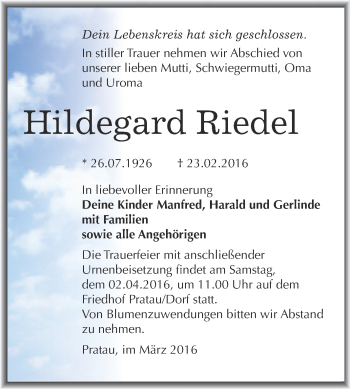 Traueranzeige von Hildegard Riedel von WVG - Wochenspiegel Wittenberg