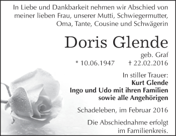 Traueranzeige von Doris Glende von Super Sonntag Aschersleben