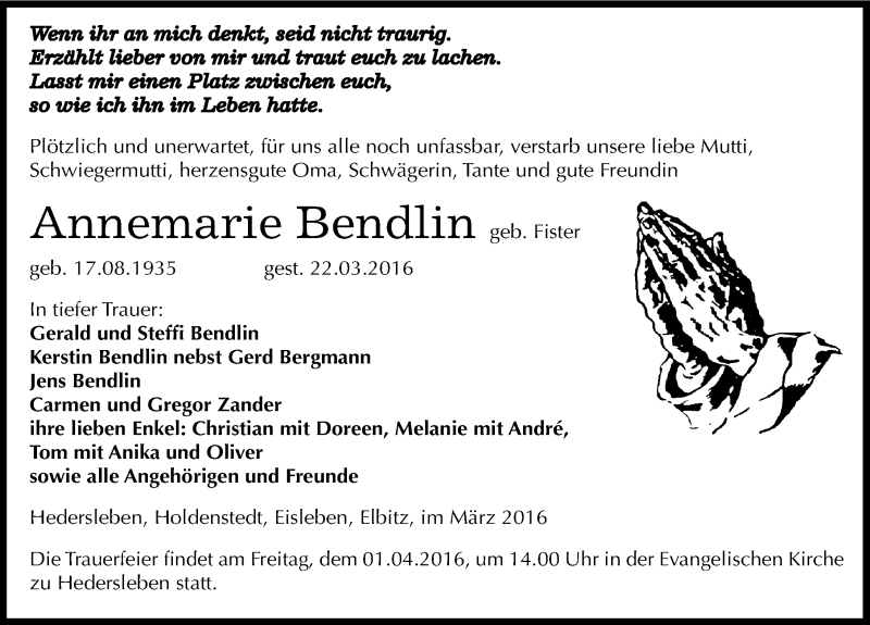  Traueranzeige für Annemarie Bendlin vom 29.03.2016 aus Mitteldeutsche Zeitung Mansfelder Land