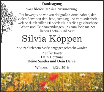 Traueranzeige von Silvia Köppen von WVG - Wochenspiegel Wittenberg