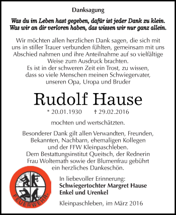 Traueranzeige von Rudolf Hause von WVG - Wochenspiegel Dessau / Köthen